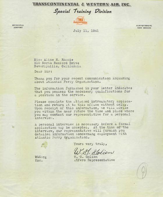 TWA Response Regarding Trans-Atlantic Ferry Service, July 11, 1941 (Source: Roberts)